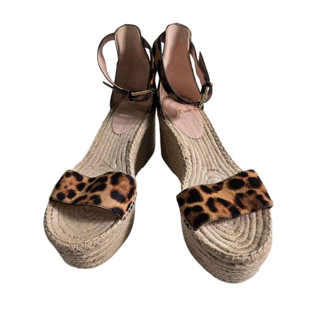 J Crew Espadrille Wedge Sandals Brown Tan Leopard Calf Hair Platform 10